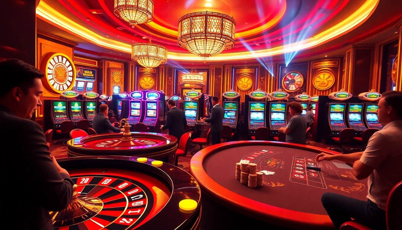 RR88 players enjoying an exciting game at a luxurious casino with roulette and poker tables.