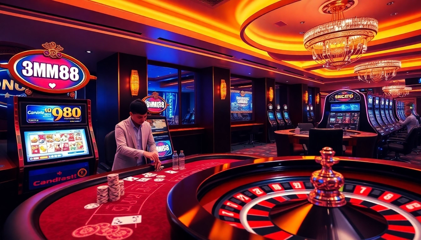 Players engaging with diverse games at MM88, showcasing a vibrant casino atmosphere with roulette and poker elements.