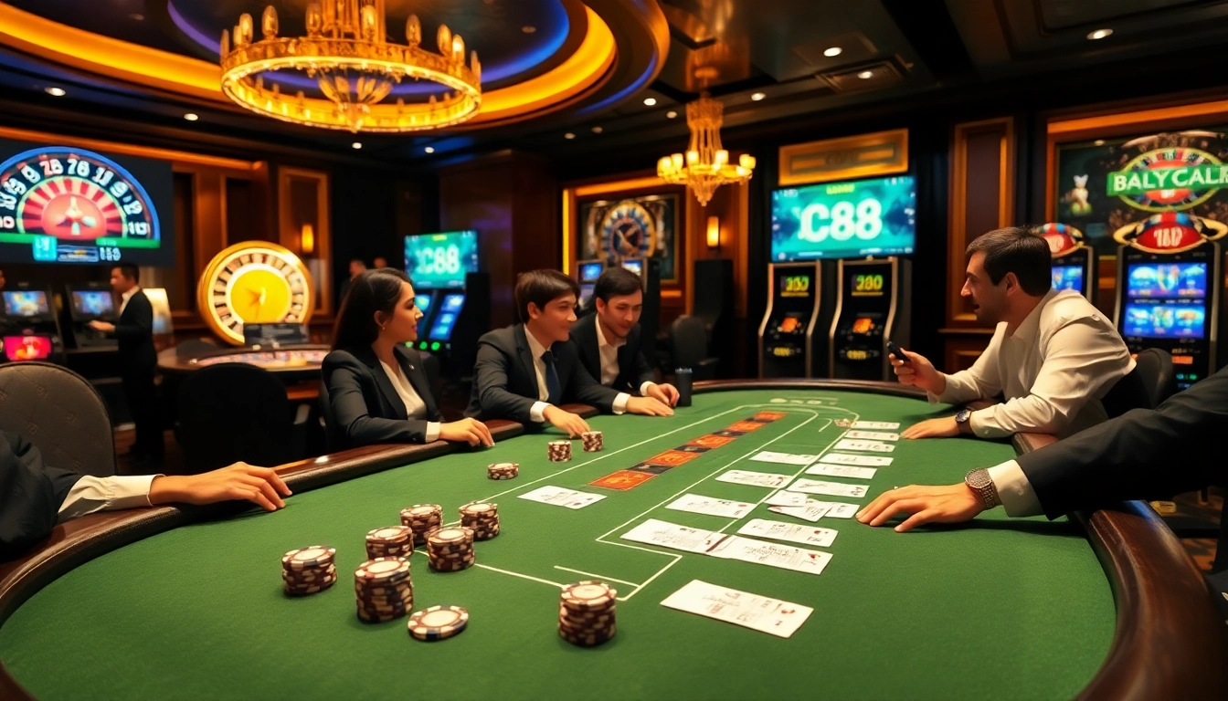 LC88 players enjoying an engaging online casino experience at a luxurious casino table.