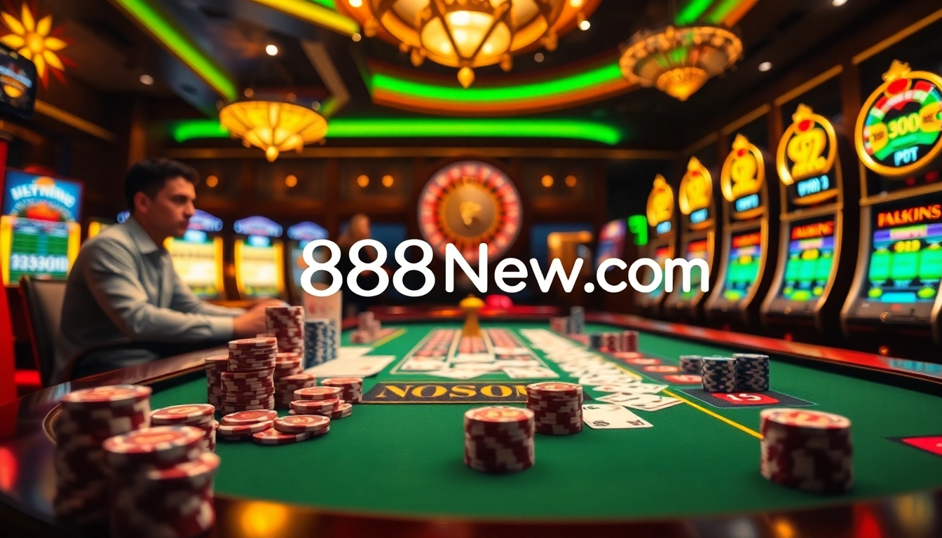 Engaging scene of online gambling with casino elements at 888new com featuring chips and a roulette wheel.