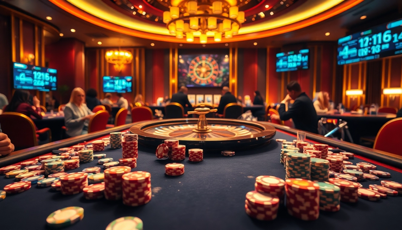 S8 casino atmosphere featuring poker chips and cards on a vibrant table, capturing the excitement of gambling.