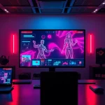 AI NSFW image generator interface in a futuristic workspace with glowing elements.