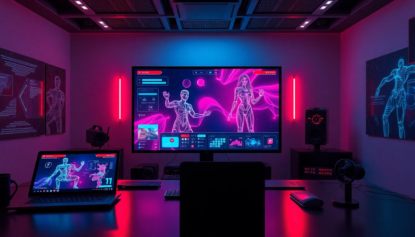 AI NSFW image generator interface in a futuristic workspace with glowing elements.