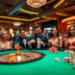 Exciting casino scene showcasing players at a roulette table, highlighting nhà cái uy tín FLY88 with vibrant colors.