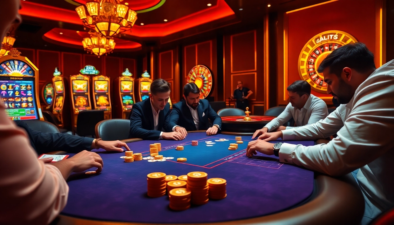 Intense poker gameplay at HM88 with golden chips and vibrant casino atmosphere.