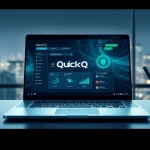 在带有城市天际线背景的笔记本电脑上体验 QuickQ 的极速 VPN 功能。