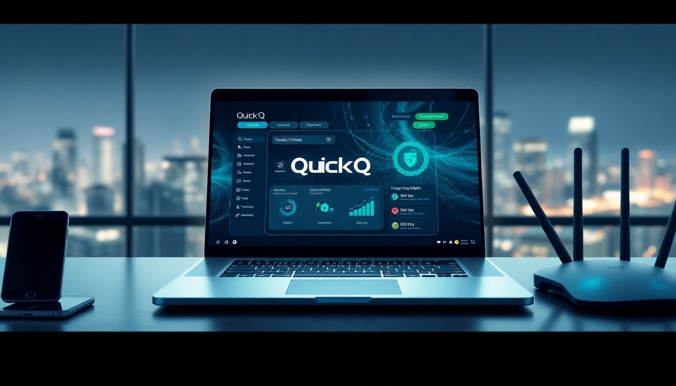 在带有城市天际线背景的笔记本电脑上体验 QuickQ 的极速 VPN 功能。