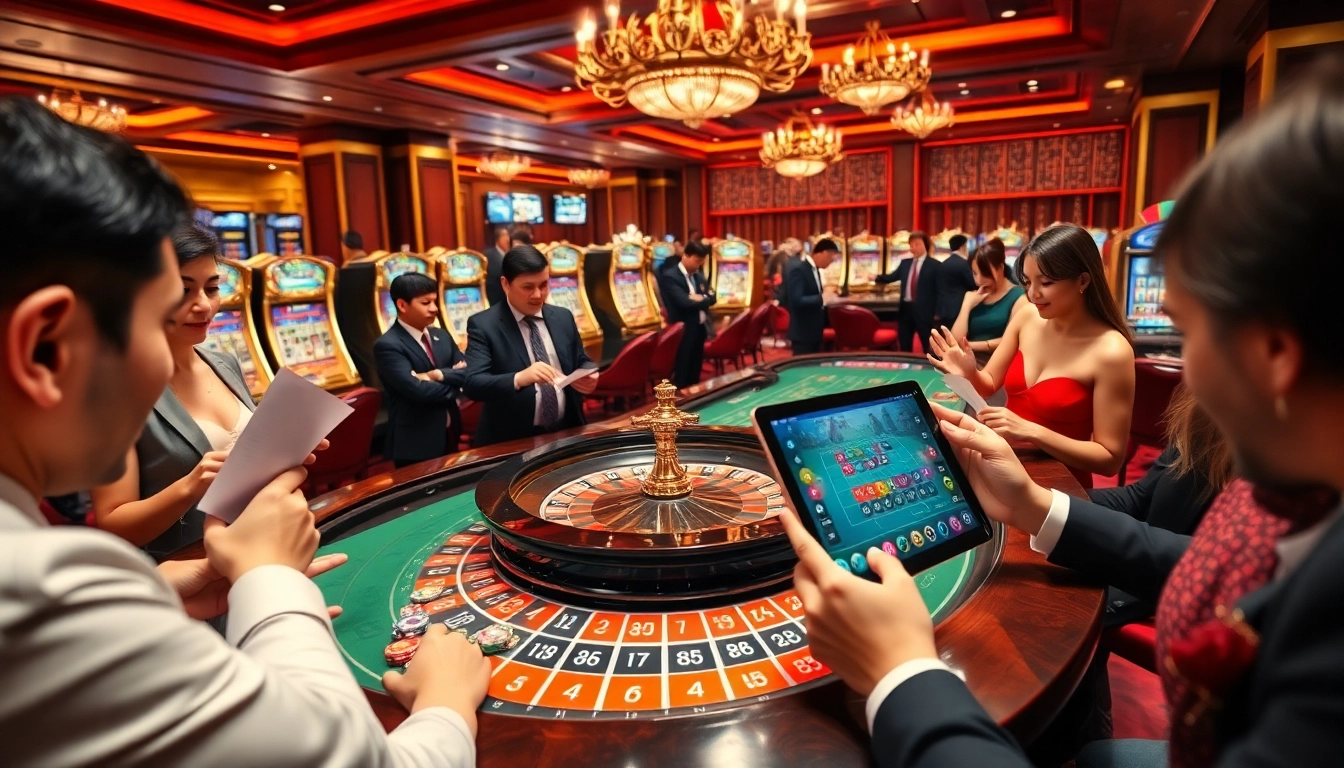 Players at a lively ku88 casino engaging with roulette and slot machines, creating an exciting atmosphere.