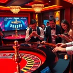 Excited players at a luxurious thabethome.com casino scene, featuring roulette and digital betting screens.