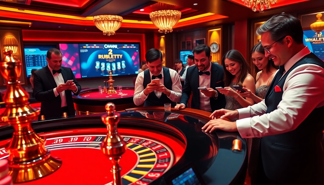 Excited players at a luxurious thabethome.com casino scene, featuring roulette and digital betting screens.
