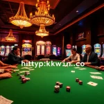 High-stakes poker game at an upscale casino, featuring vibrant elements of https://kkwin.co.com/ and luxury.