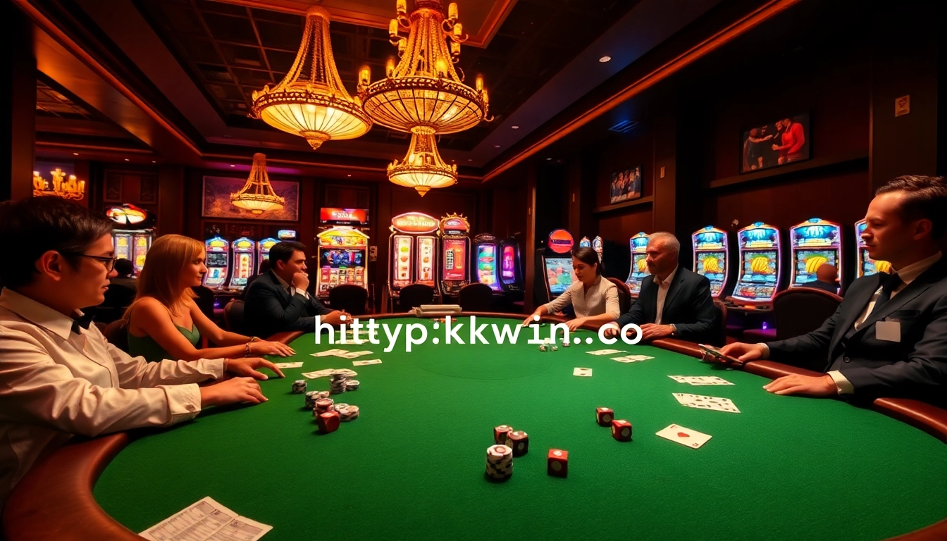 High-stakes poker game at an upscale casino, featuring vibrant elements of https://kkwin.co.com/ and luxury.