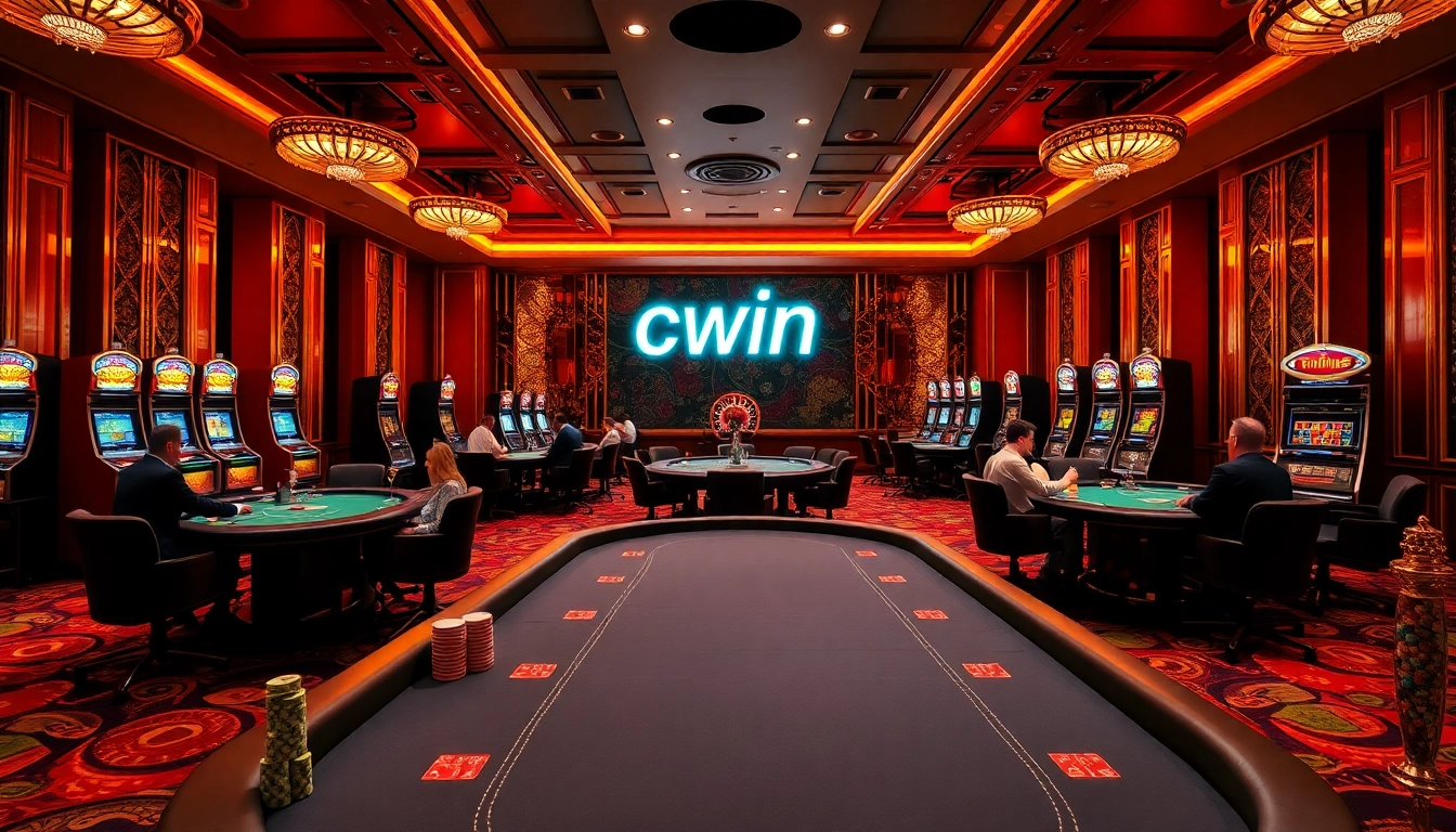 Cwin logo illuminated in a luxury casino setting with poker tables and slot machines.