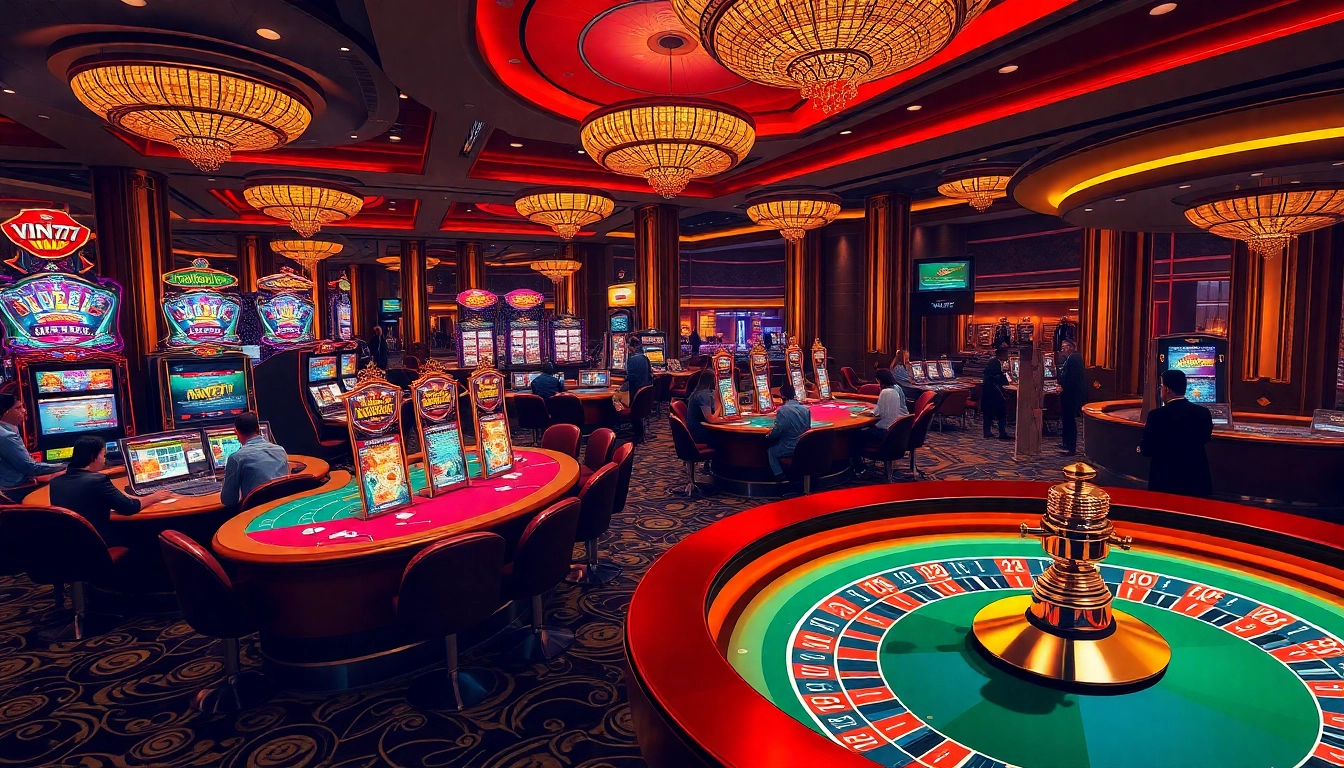 Players engaging in exciting games at vin777 casino with vibrant slot machines and professional dealers.