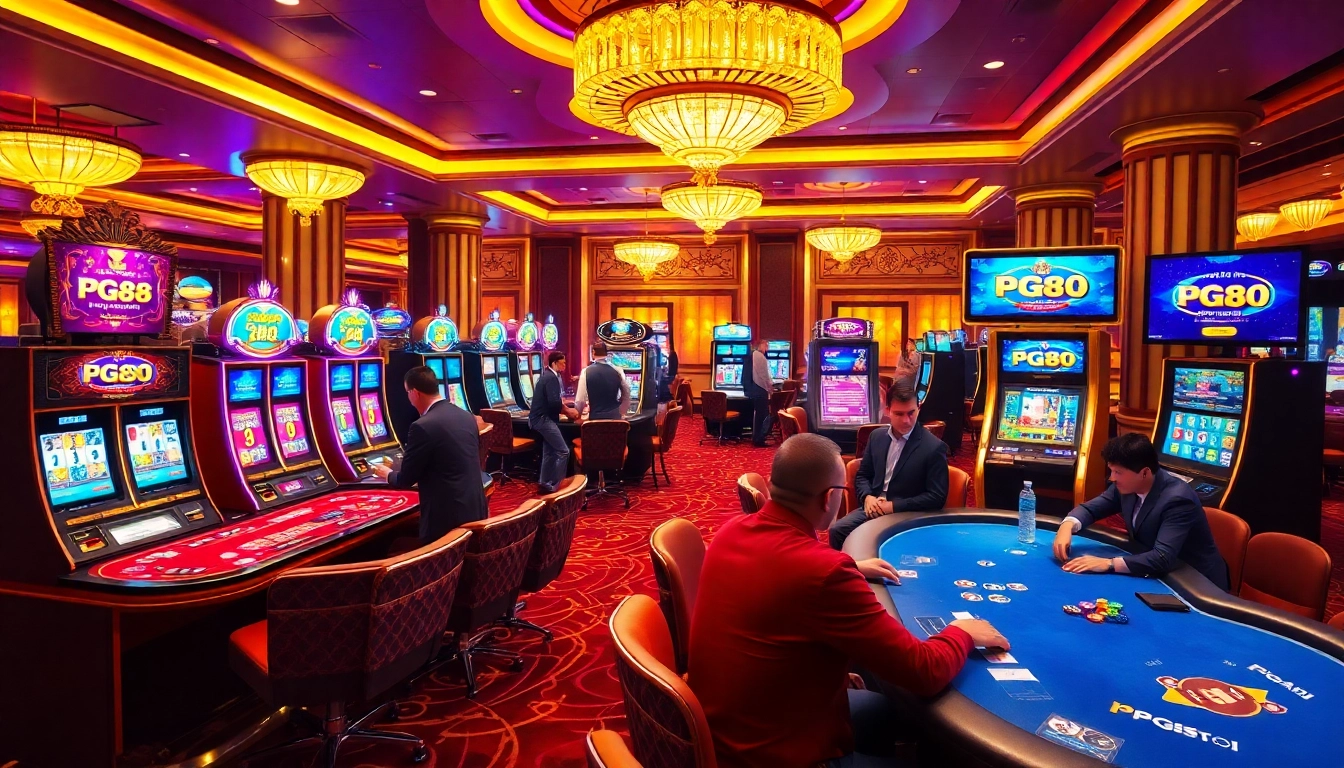 Engaging scene of players enjoying diverse games on PG88 casino platform.
