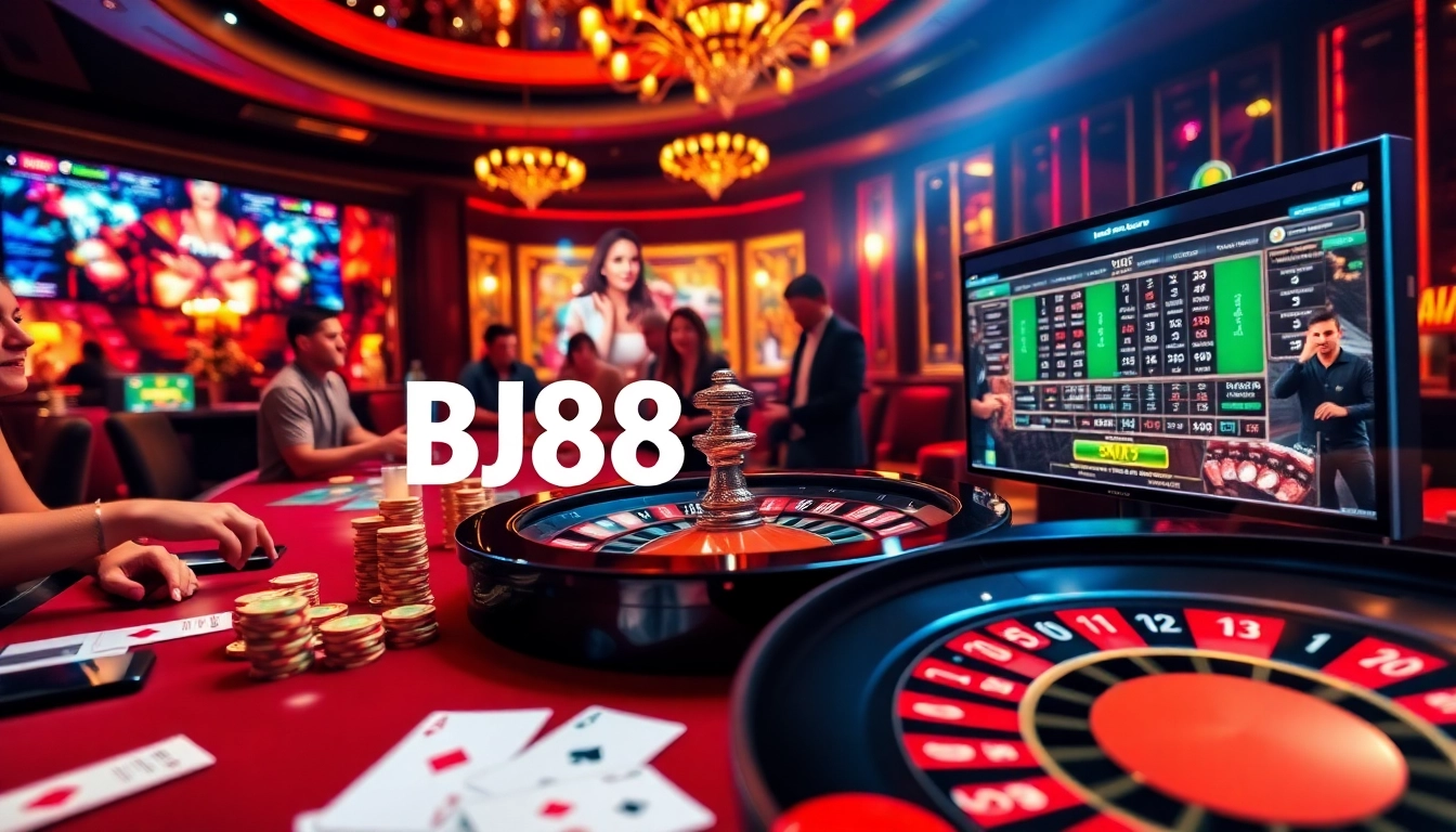 A thrilling BJ88 live casino scene with vibrant colors showcasing poker chips, cards, and excited players