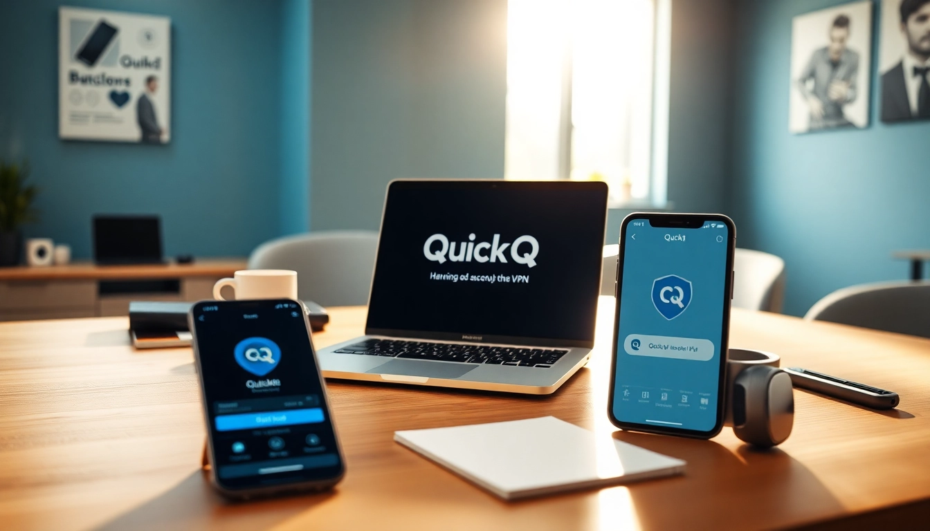 QuickQ下载：在笔记本电脑上展示 QuickQ VPN 界面的现代工作区。