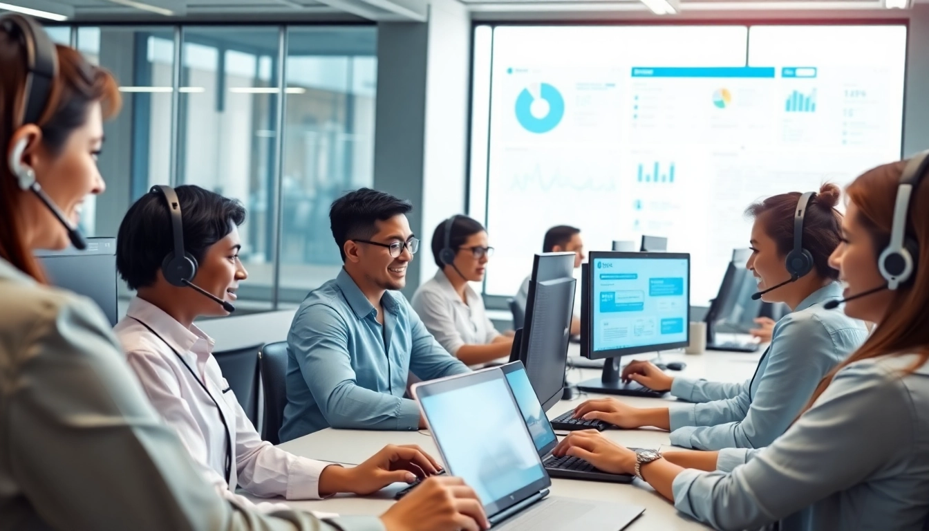 美洽客服代表在现代办公室与客户互动，展示数字化平台与团队协作。