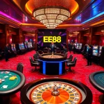 Players engaging in exciting casino games at EE88, featuring poker tables and slot machines.