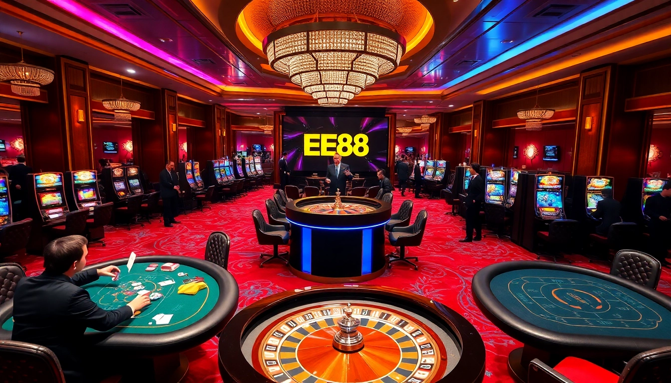 Players engaging in exciting casino games at EE88, featuring poker tables and slot machines.