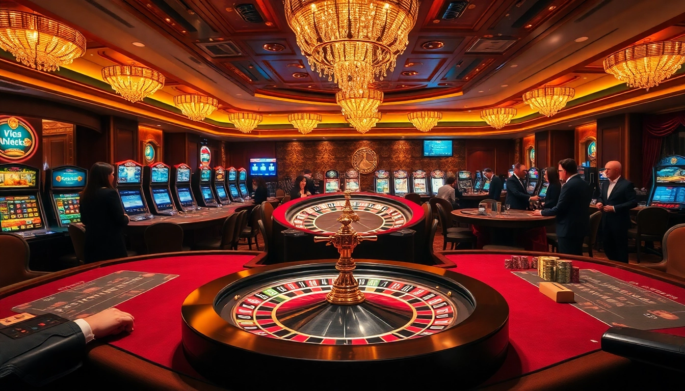 High-end casino atmosphere featuring cm88 roulette wheel, poker tables, and slot machines.