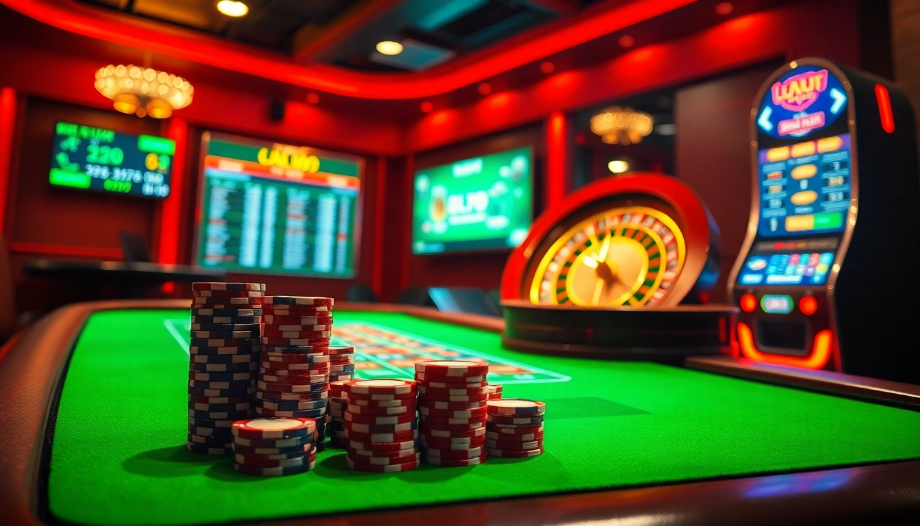 Engaging scene showcasing Nhà Cái Uy Tín with vibrant casino tables and exciting betting interfaces.