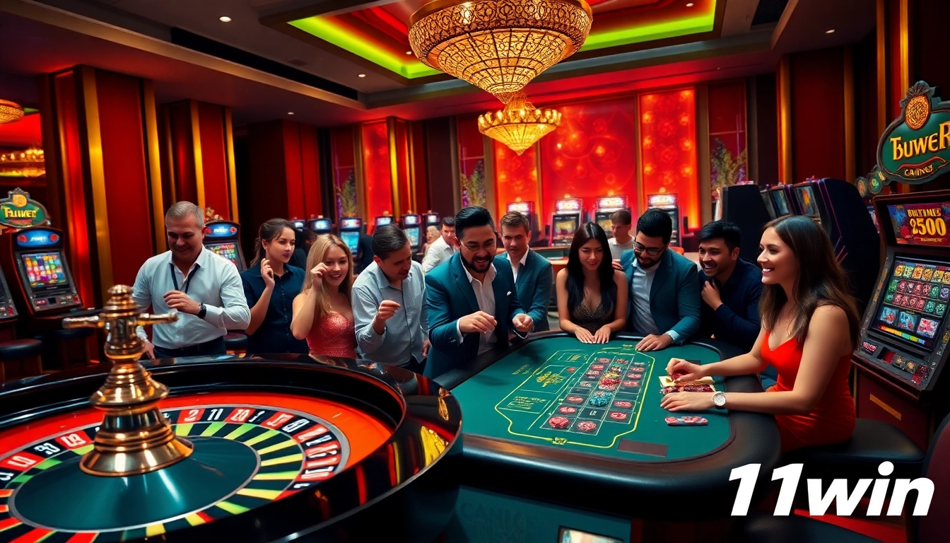 Players enjoying a thrilling game experience at 11win casino with roulette and poker tables.