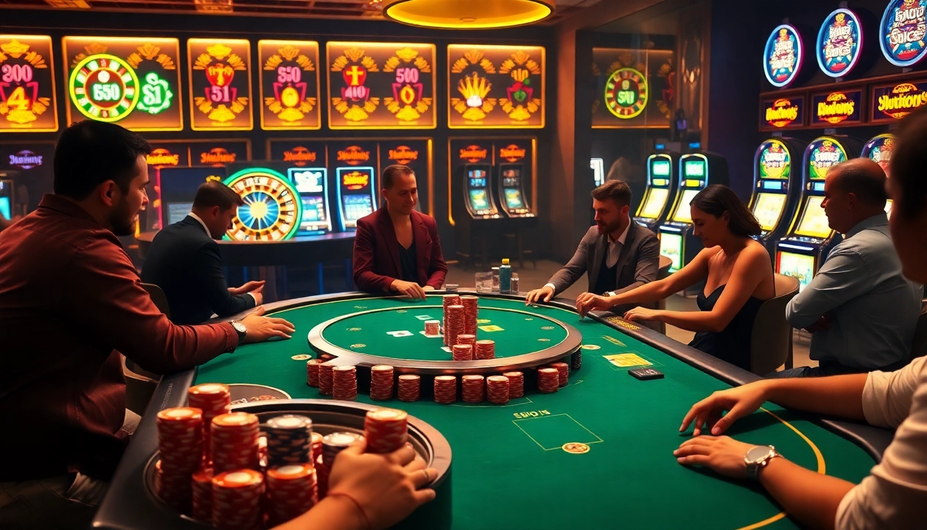 Players enjoying a thrilling game at the BL555 casino table in a vibrant, luxurious setting.