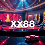 Experience the excitement of XX88 with an elegant online casino visual featuring roulette and poker elements.