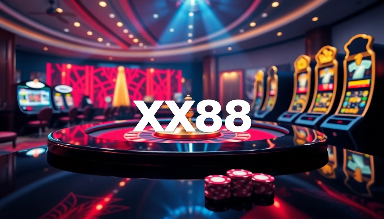 Experience the excitement of XX88 with an elegant online casino visual featuring roulette and poker elements.