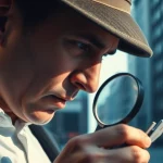 Engaging scene depicting infidelity investigations with a detective exploring clues in an urban environment.