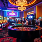 Experience the thrill of slvip gaming with a vibrant casino scene showcasing slots and roulette.