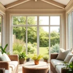 Sunroom install with inviting seating and lush garden view, showcasing natural light and tranquility.
