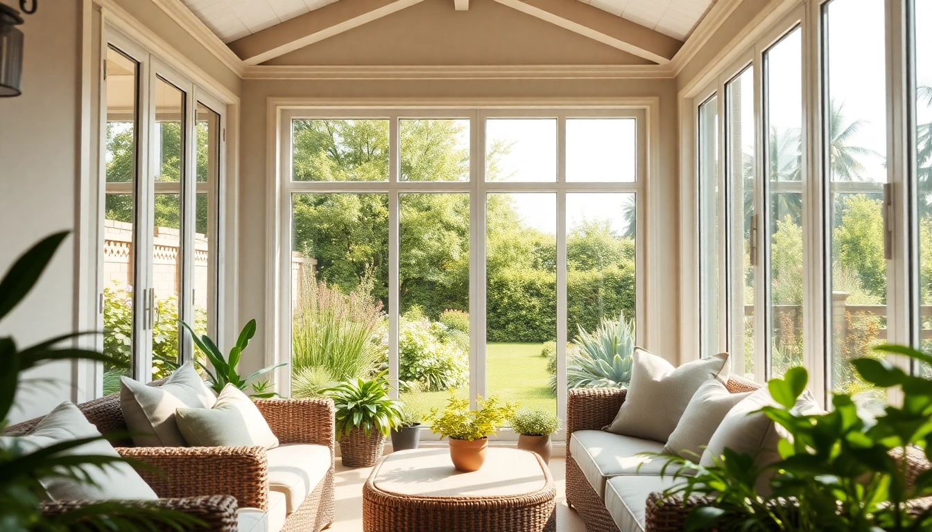 Sunroom install with inviting seating and lush garden view, showcasing natural light and tranquility.