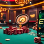 Players engaging in high-stakes poker at an EE88 casino table filled with vibrant chips and cards.