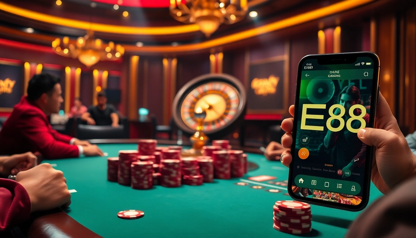 Players engaging in high-stakes poker at an EE88 casino table filled with vibrant chips and cards.