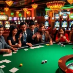 Engaged players cheer at a lively casino poker table featuring the 88i brand, with cards and chips in hand.