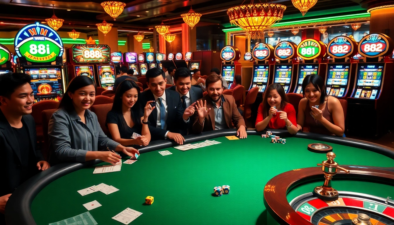Engaged players cheer at a lively casino poker table featuring the 88i brand, with cards and chips in hand.