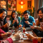 Friends enjoying game bài night with cards and laughter in a cozy setting