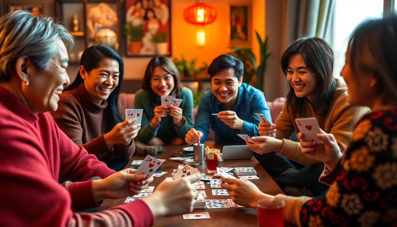 Friends enjoying game bài night with cards and laughter in a cozy setting