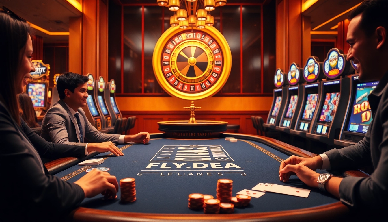 Experience the thrill at FLY88.DEAL with vibrant gaming visuals featuring poker, slots, and roulette.