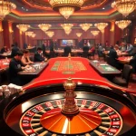 TX88 gambling scene featuring vibrant casino tables filled with cards, chips, and a roulette wheel