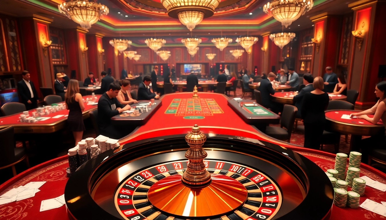 TX88 gambling scene featuring vibrant casino tables filled with cards, chips, and a roulette wheel