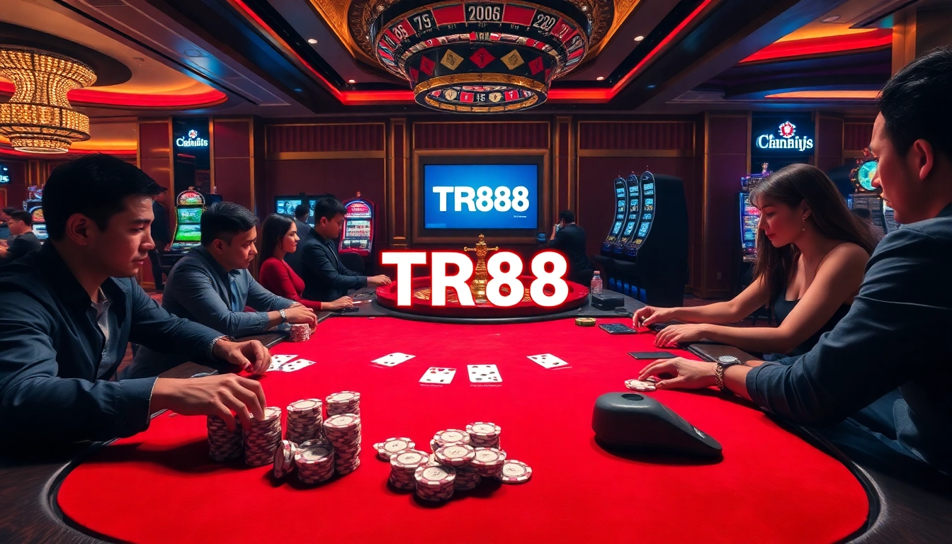 Engaged players enjoying poker at a casino table featuring TR88 event visuals.
