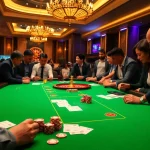 Engaged gamblers analyzing ty le ca cuoc at a vibrant casino sports betting table.