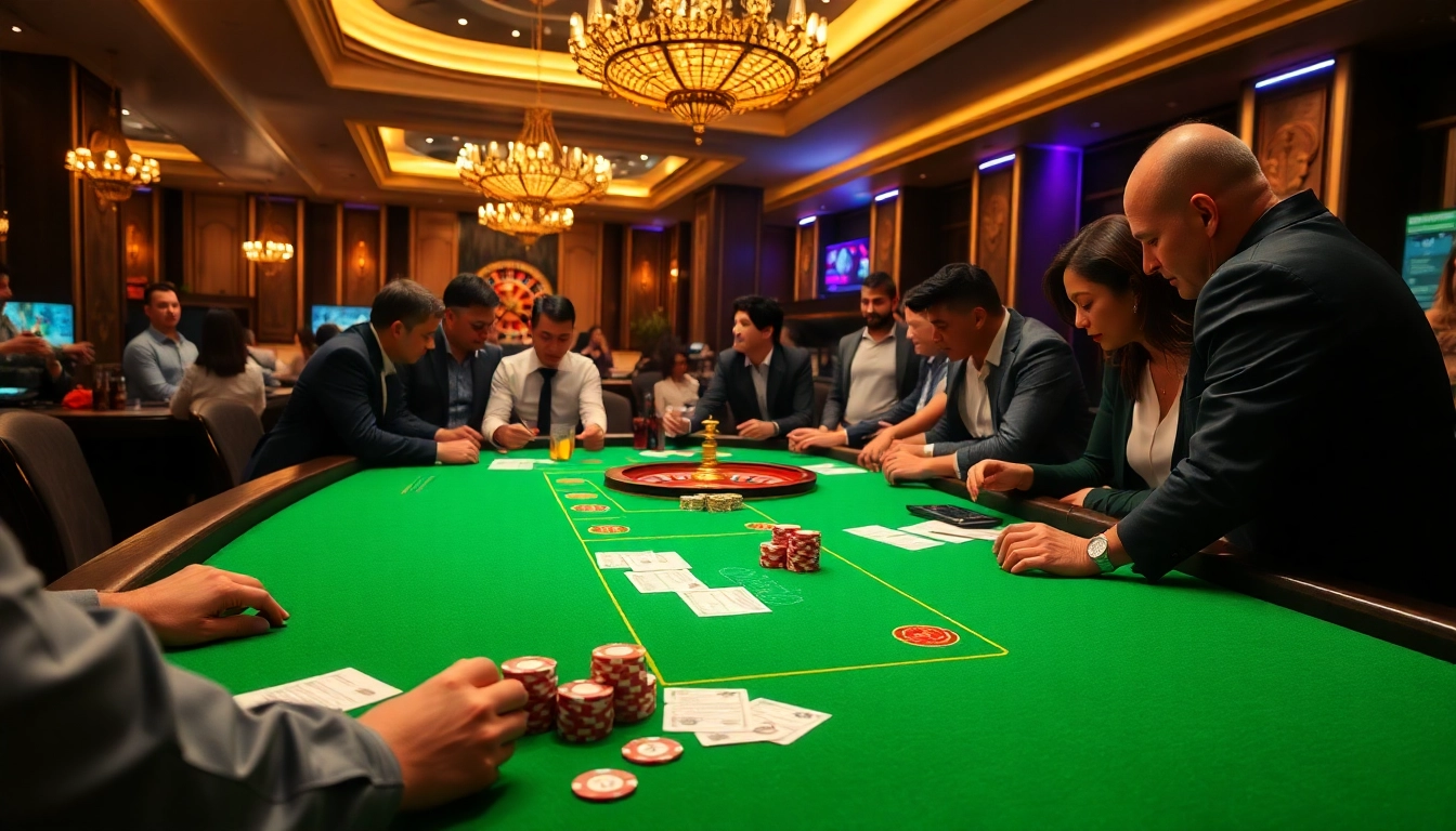 Engaged gamblers analyzing ty le ca cuoc at a vibrant casino sports betting table.