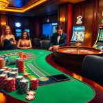 Cảnh sống động tại casino LUCK8 với bàn roulette sôi động và máy đánh bạc nổi bật, mang lại sự hứng khởi.