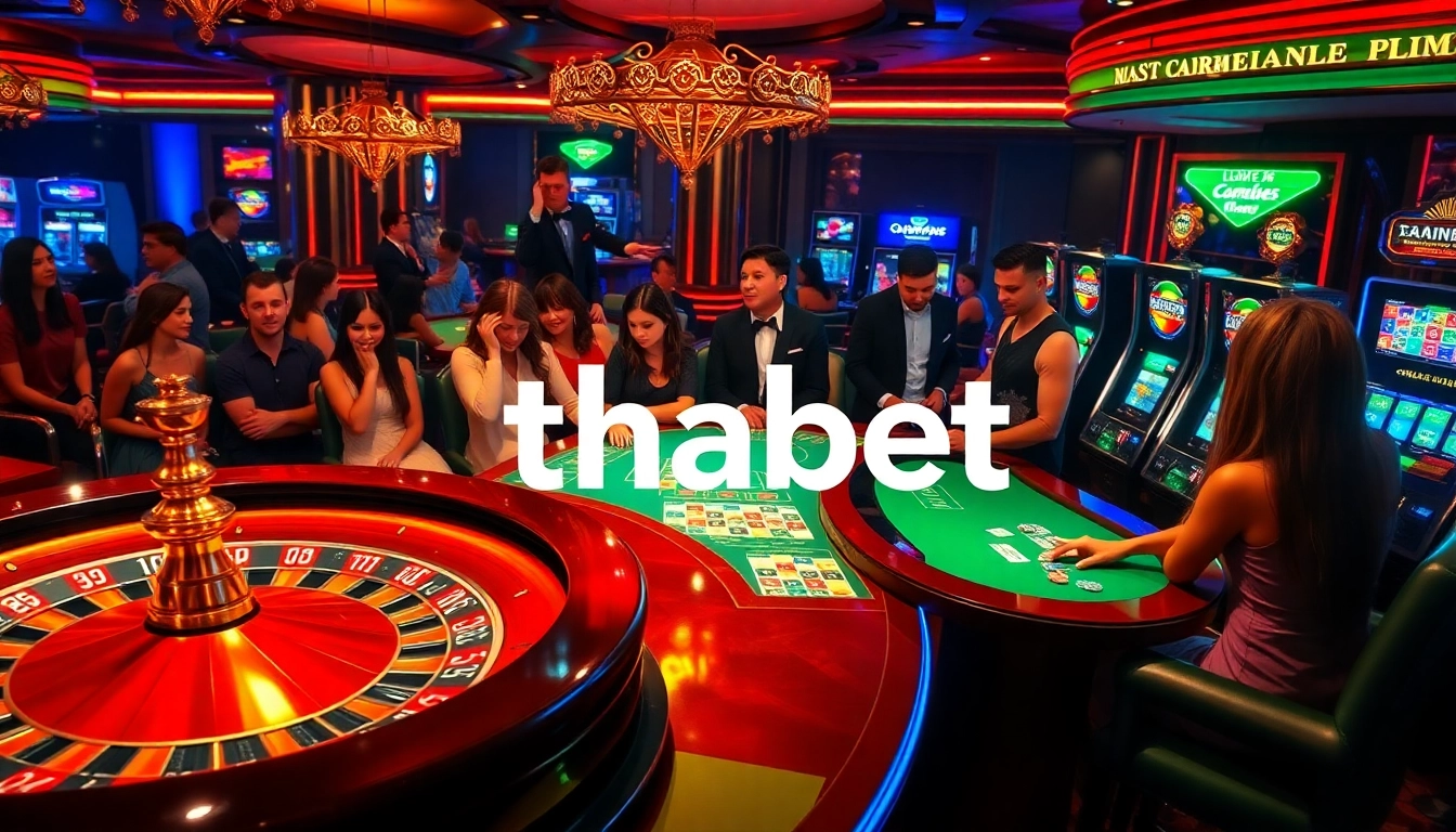 Gamblers enjoying excitement at a thabet casino with vibrant tables and slot machines.