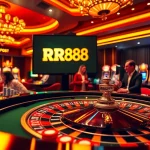 Experience the thrill of RR88 with players celebrating wins at a luxurious casino table.