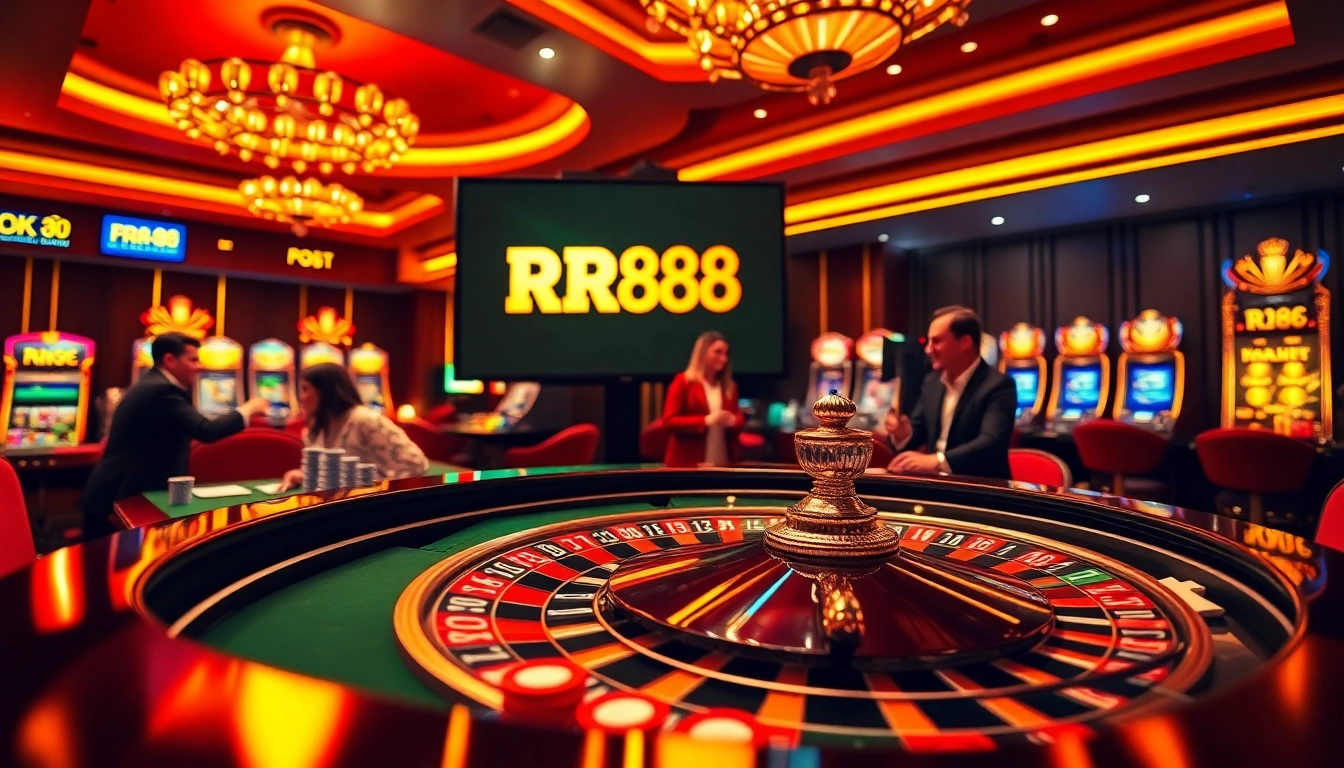 Experience the thrill of RR88 with players celebrating wins at a luxurious casino table.